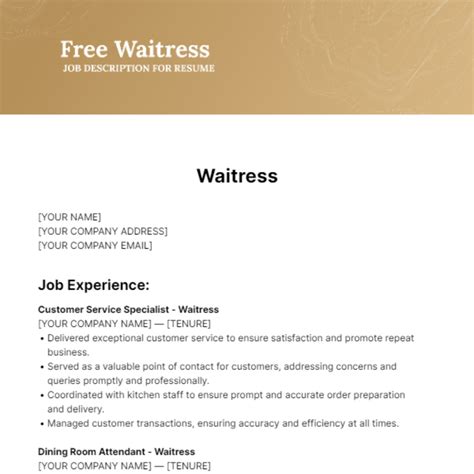 Free Waitress Job Description for Resume Template to Edit Online