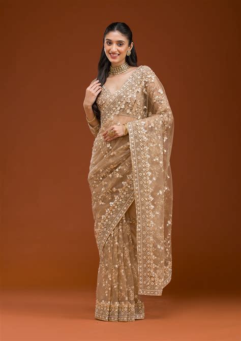 Buy Beige Sequins Net Saree - Koskii