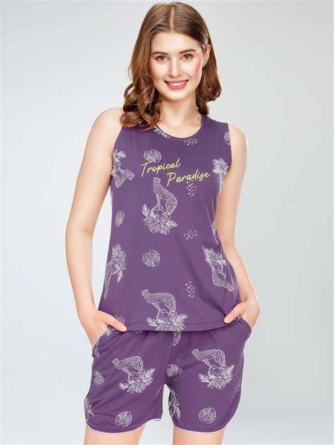 ZEYO Night Suit for Women's Violet Floral & Cheetah Printed Cotton Nig