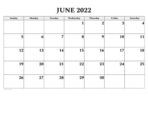 June 2022 Calendar Printable