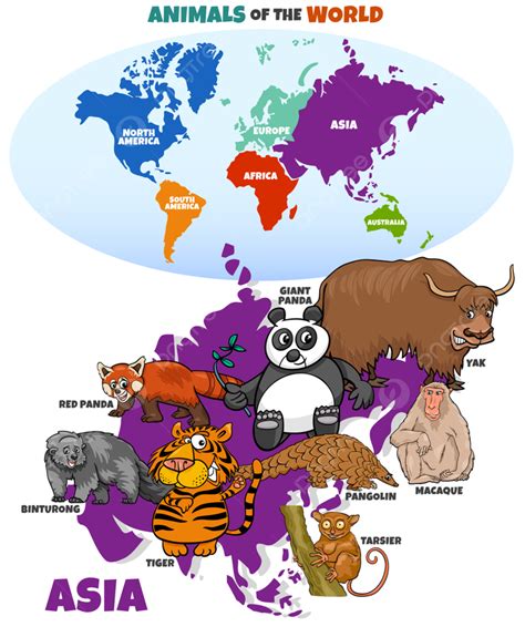 Educational Cartoon Illustration Of Asian Animals And World Map With ...