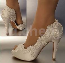 5 Inch Wedding Heels by 3 Quot 4 Quot Heel Satin White Ivory Lace Pearls Open Toe Wedding 5 Inch Wedding Heels