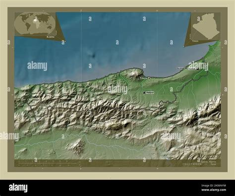 Tipaza, province of Algeria. Elevation map colored in wiki style with lakes and rivers ...