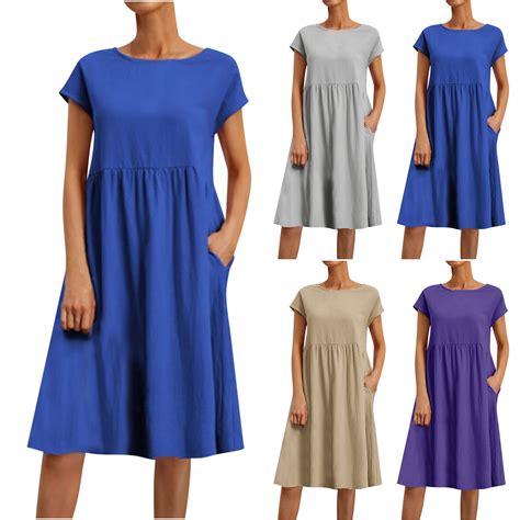 Jinhomg Women's Summer Midi Dress Casual Loose Solid Cotton Linen T ...