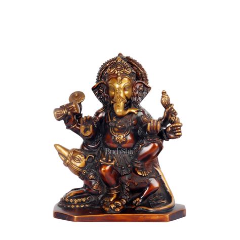 Buy Ganesha on mooshak brass idol Brown tone - Budhshiv.com