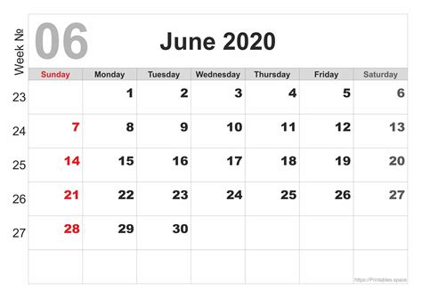 June 2020 Calendar - Free Printables
