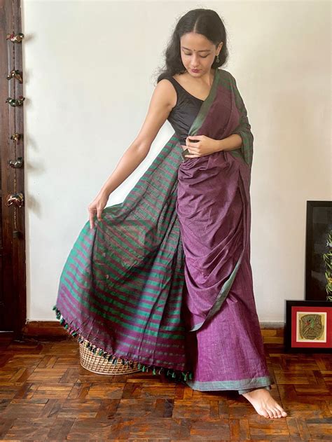 Handwoven Cotton Silk Sari | Deep purple with Green Pallu – Arras