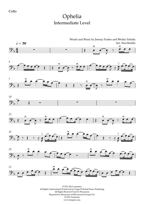 Ophelia (Intermediate Level) (The Lumineers) - Cello Sheet Music