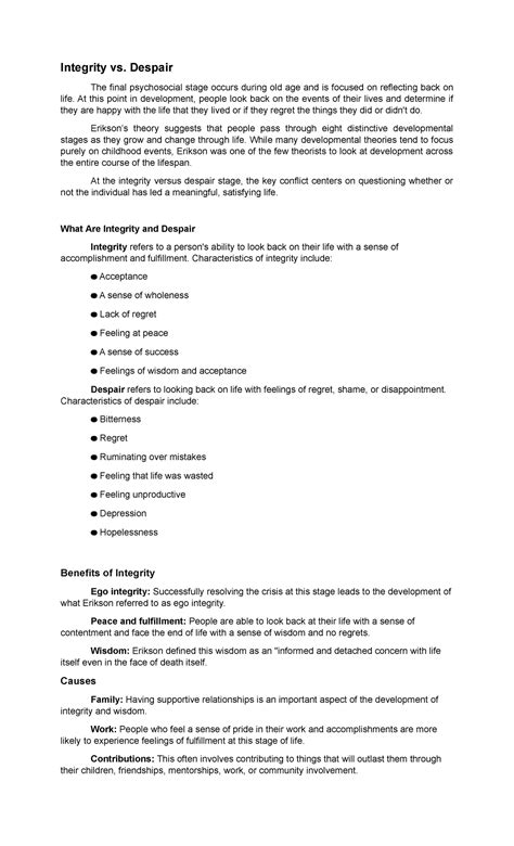 Childhood integrity - Integrity vs. Despair The final psychosocial ...