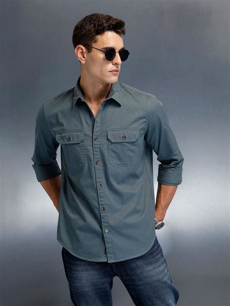 Men's Casual Cargo Double Pocket Shirt | Teal – Wrogn