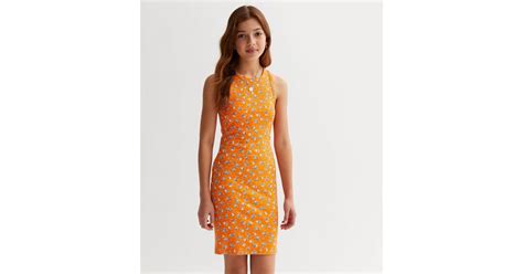 Girls Orange Floral Ribbed Racer Mini Dress | New Look