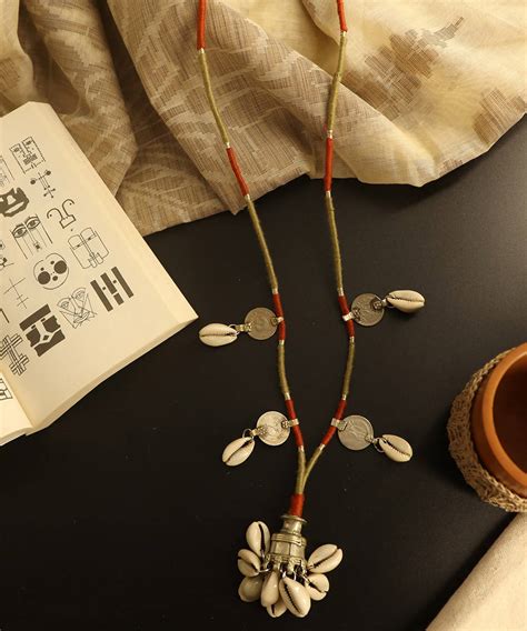 Boho repurposed cowry and metal necklace with fine thread wrapping ...