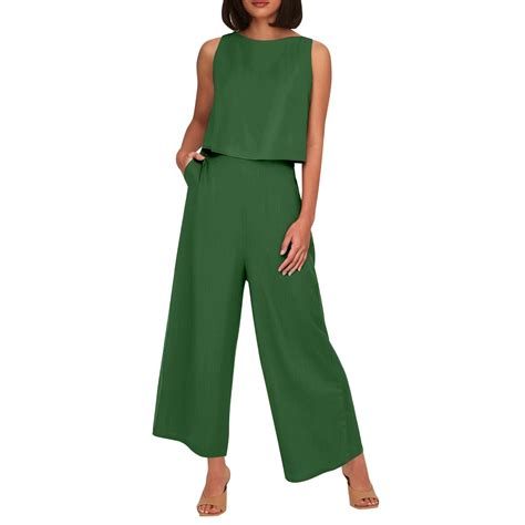 Zszcpp Pants Set Women 2 Piece Outfits Solid Cotton Linen Sleeveless ...