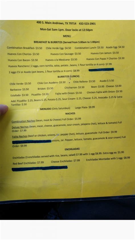 Menu at El Jacalito Restaurant, Andrews