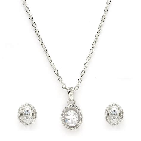 Rhodium Plated Silver Toned Oval Shaped White American Diamond Studded