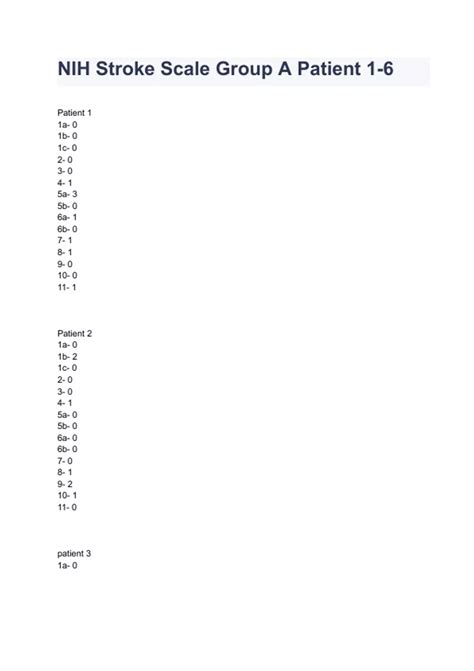 NIH Stroke Scale – All Test Groups A-F (patients 1-6) Answer key ...