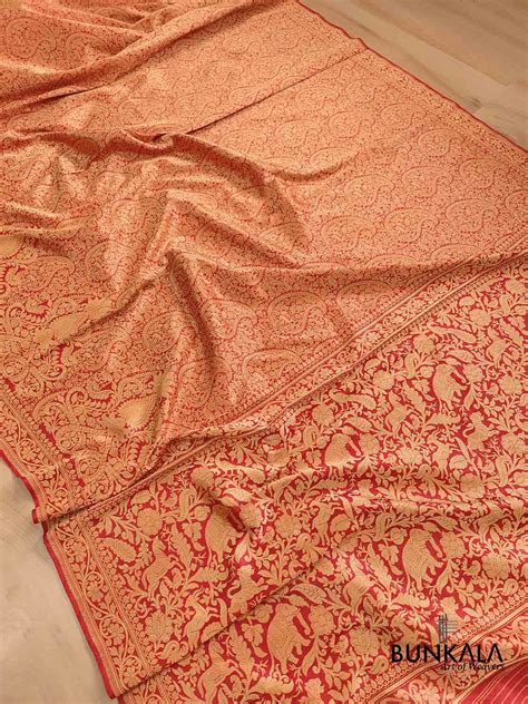 Shop Red Real Zari Bridal Shikargha Katan Silk Banarasi Brocade Saree ...