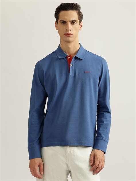 Shop Gant Men Blue Solid Collared Full Sleeves Polo T-Shirt Online ...