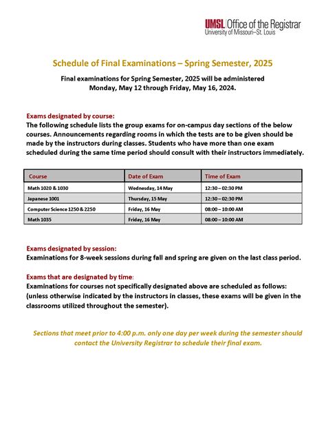 Final Examination Schedule - Current Term | UMSL
