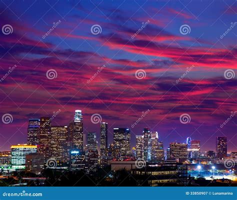 Downtown LA Night Los Angeles Sunset Skyline California Stock Image ...