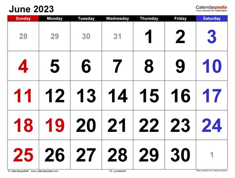 June 2023 Calendar | Templates for PDF, Excel and Word