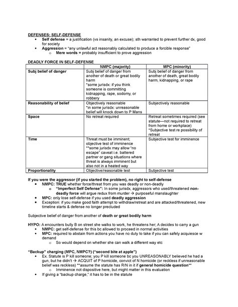 Criminal Law - Prof. Burns 1 - DEFENSES: SELF-DEFENSE Self defense = a ...
