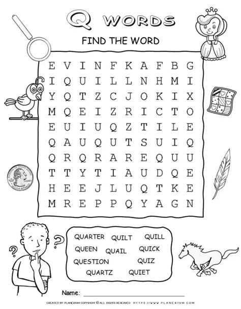 Word Search Puzzle - Words That Start With Q - Ten Words | Planerium
