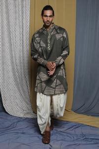 Buy Green Tussar Printed Stripe Kurta For Men by Krishna Mehta Online ...