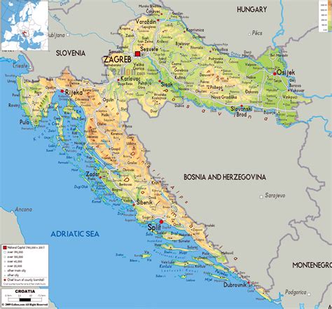 Large physical map of Croatia with roads, cities and airports | Vidiani.com | Maps of all ...