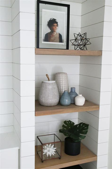 DIY Shiplapped Built-Ins: Finished and Styled! | Bathroom wood shelves ...