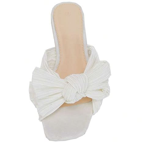 TINSTREE Women's Pleated Bow Flat Sandals Open Square Toe Slip On Slide ...