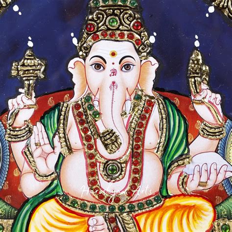 11" Sacred Lord Ganesha Seated on Throne Tanjore Painting with Gold an