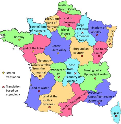 Map of French regions with names translated into... - Maps on the Web