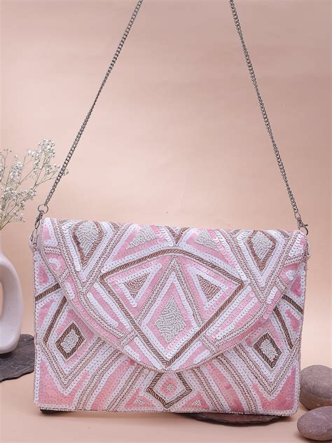 Swisni baby pink beaded clutch bag