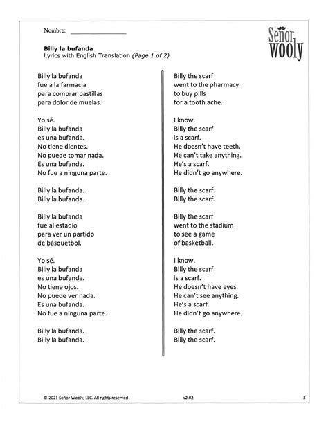 Billy la bufanda student handout 2024-25 - Nombre: Senor Billy la ...