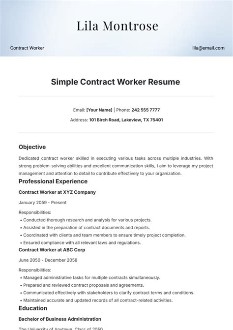 Free Simple Contract Worker Resume Template to Edit Online