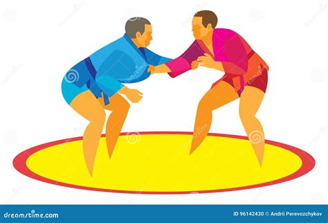 Two Sambo Fighters In Blue And Red. Martial Arts Cartoon Vector ...