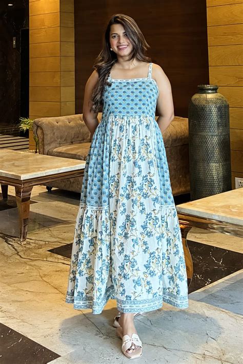 Sea Green Hand Block Floral Printed Sleeveless Tiered Midi Dress ...