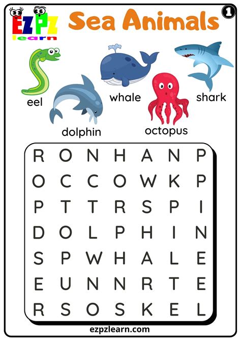 Sea Animals Word Search Worksheet For Kids and ESL Set 1 Free PDF ...