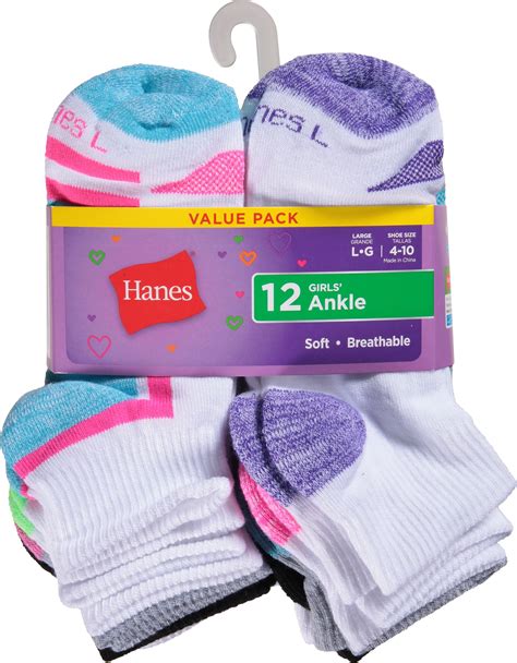 Hanes Girls' Cushioned Ankle Socks, 12 Pack, Sizes M-L - Walmart.com