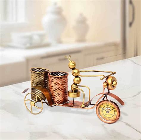 Handicrafts Paradise Metal Rickshaw Double Penstand with Ant with Clock ...