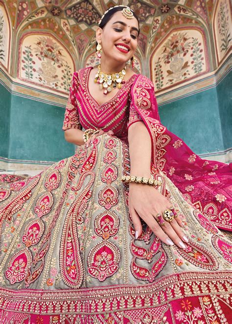 TEA GREEN & PINK HEAVY EMBROIDERED DESIGNER BRIDAL LEHENGA ...