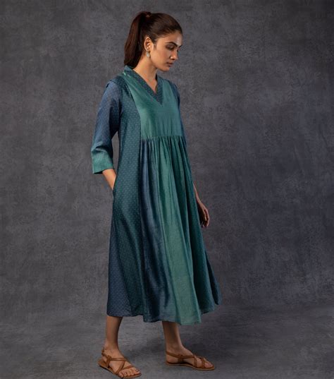 Blue & Green Shaded Panelled Chanderi Dress – Tulsi Online