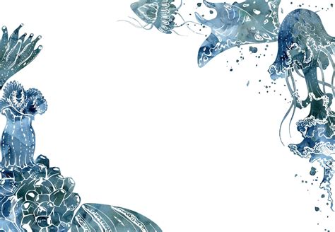 Watercolor and ink hand drawn marine life, sea ocean underwater ...