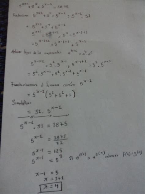 Resolver: 5^x+1+5^x+5^x-1=3875 - Brainly.lat