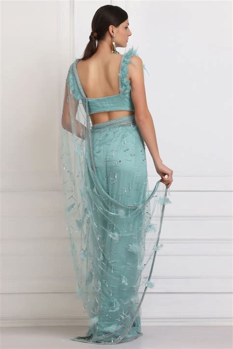 Sea Green Crystal and Sequin Embellished Net Saree – Pooja Peshoria