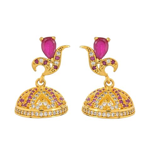 CZ Traditional Gold Plated Red & White Jhumka Earrings – VOYLLA