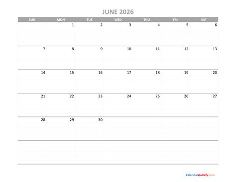 June Calendar 2026 Printable | Calendar Quickly