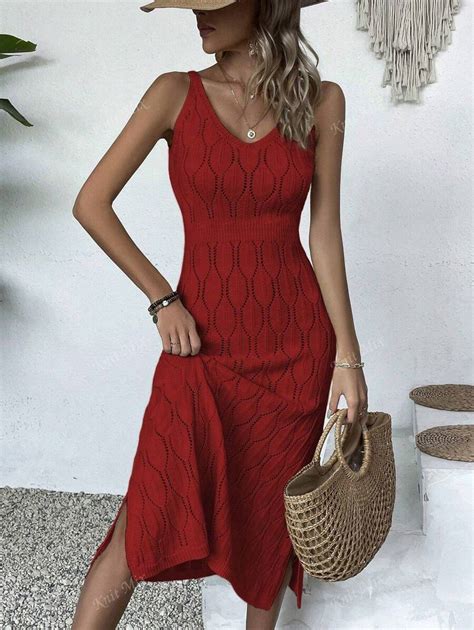 Knit Mix Women Casual V-Neck Solid Color Crochet Split Hem Dress Butter ...