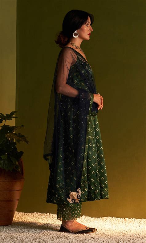 Rangreza Bandhej Green Sleeveless Anarkali With Palazzo and Dupatta Se ...